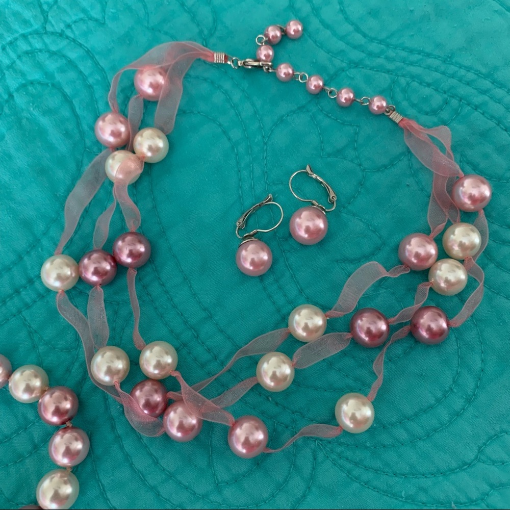 Pink Pearl Set Necklace Bracelet Earrings